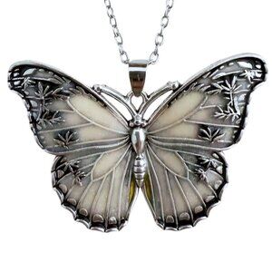 Necklace White Butterfly Oil Drop Enamel White Sparkle Antique Silvery Finish